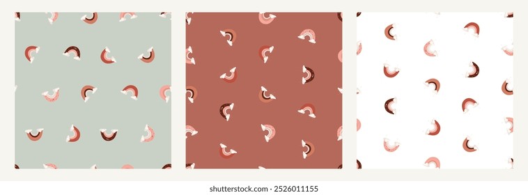 Set of seamless patterns with rainbows in pastel tones in an even arrangement. Cute rainbows with hearts in various colors on different brown, light, and white backgrounds. Vector illustration