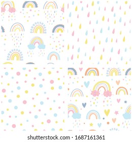 Set of seamless patterns with rainbows, smiling clouds, stars, hearts, polka dots. Rain from hearts. Colorful rain drops. Magic vector baby background. Digital paper.  Scrapbook Paper. Pastel colors.