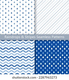 Set of seamless patterns of raindrops and stripes. Simple and basic droplets, diagonal stripes, and wavy stripes patterns.