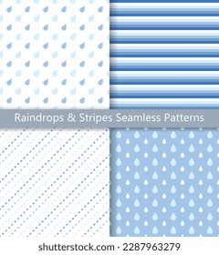 Set of seamless patterns of raindrops and stripes. Simple and basic droplets, horizontal and diagonal striped patterns.