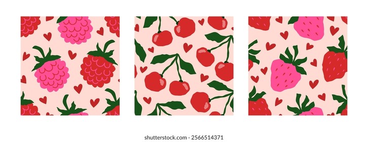 Set of seamless patterns with raspberries, cherries, strawberries and hearts. Pink and red berries on light background. Collection of vector illustrations.