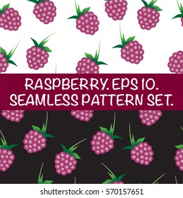 Set of seamless patterns with raspberries. Delicious red berries on a white or black background. Design for tea, juice, candy, bakery, textile, wrapping paper. Bright backdrop. Vector illustration.
