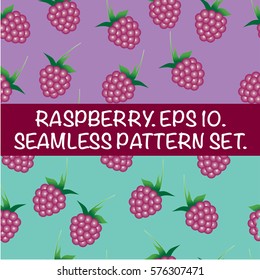 Set of seamless patterns with raspberries. Delicious red berries on a pink or green background. Design for tea, juice, candy, bakery, textile, wrapping paper. Bright backdrop. Vector illustration.