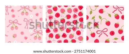 A set of seamless patterns with raspberries. Vector graphics.