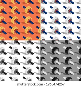 set of seamless patterns with realistic sports ab wheel for press training. Ornament for decoration and printing on fabric. Design element. Vector in cartoon