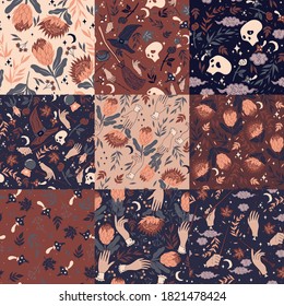 A set of seamless patterns in red and blue tones with magical items, flowers and hands. Vector graphics.