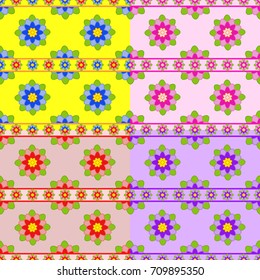 Set of seamless patterns of red, blue, pink, purple flowers with narrow floral ribbons on a colored background