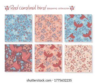 Set of seamless patterns with red cardinal birds and with floral elements. Vector graphics.