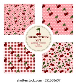 Set of seamless patterns with red cherries on pink background with different decorations. Dots, stripes, grid.
