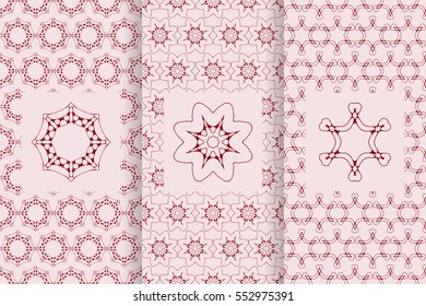 Set of seamless patterns in red color with logo element. Collection of vector backgrounds. Abstract geometric design. 