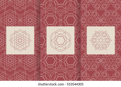 Set of seamless patterns in red color with logo element. Collection of vector backgrounds. Abstract geometric design. 