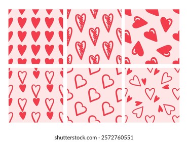 Set of seamless patterns with red hearts on pink background in doodle style


