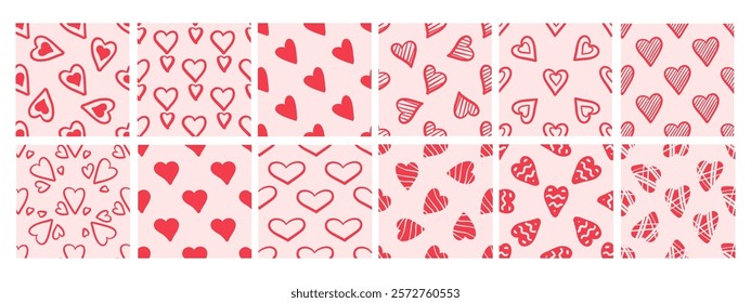 Set of seamless patterns with red hearts on pink background in doodle style

