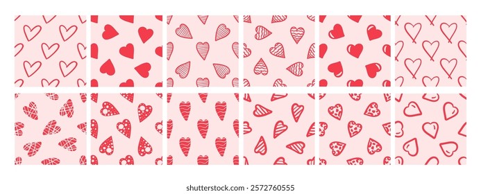 Set of seamless patterns with red hearts on pink background in doodle style

