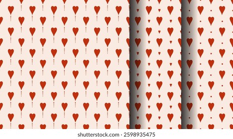 Set of seamless patterns with red hearts. Romantic minimalistic background with small cute hearts for fabric, textile, wrapping, Valentine's day, nursery.