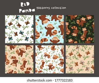 Set of seamless patterns with red panda. Vector graphics.