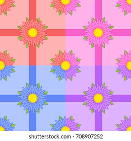 Set of seamless patterns of red, pink, blue, purple flowers with ribbons
