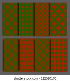 Set of seamless patterns with repeating patterns in Christmas colors, gray background. Printing on paper, ceramics, textiles. Vector illustration.