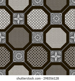 Set of seamless patterns with repeating patterns in gray and white color, light gray background. Printing on paper, ceramics, textiles. Vector illustration.