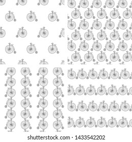 Set of seamless patterns with retro bicycles (penny farthing). Vector illustration, outlines.