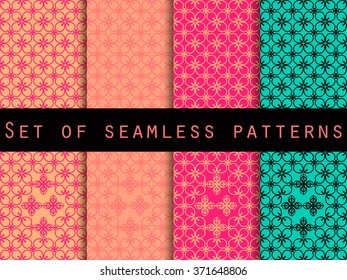 Set seamless patterns. Retro colors 80's. The pattern for wallpaper, bed linen, tiles, fabrics, backgrounds. Vector illustration.