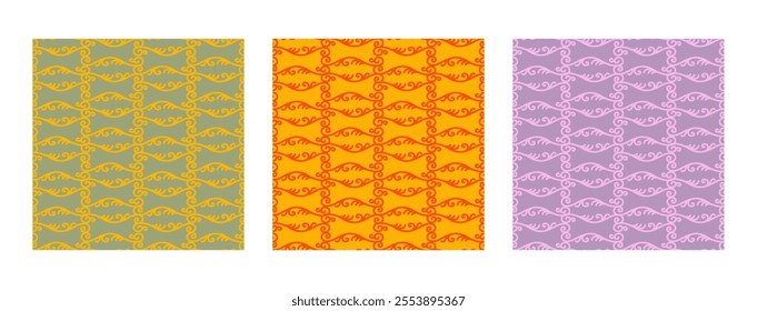 Set of seamless patterns in retro style. Wallpaper repetitive design elements in bright colors. Vector illustration. For fabric, textile, packaging, design, invitation, design cushion and bed linen