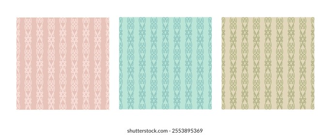 Set of seamless patterns in retro style. Wallpaper repetitive design elements in pastel colors. Vector illustration. For fabric, textile, packaging, design, invitation, design cushion and bed linen