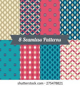 Set of Seamless Patterns with Rhombus and Diamonds in Gold, Magenta, Blue, Dark Blue and Beige. Perfect for wallpapers, pattern fills, web backgrounds, textile, birthday and wedding cards