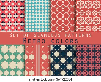 Set of seamless patterns. Rhombus and squares. Retro colors.