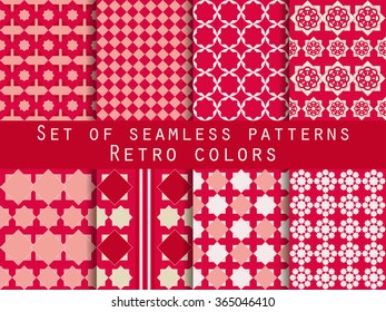 Set of seamless patterns. Rhombus and squares. Retro colors.