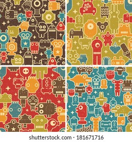 Set of seamless patterns with robots, monsters and other creatures. Vector repeating backgrounds.