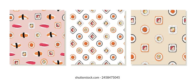 Set of Seamless Patterns with Rolls and Sushi. Japanese Asian food, healthy eating, cooking, menus. Vector illustration.