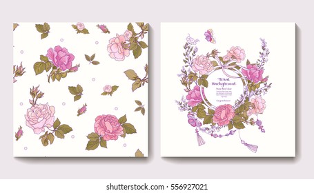 Set of seamless patterns with rose flowers and greeting birthday or wedding cards with roses. Stock vector.
