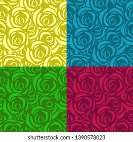 Set of seamless patterns with roses in different colors. Applicable for textiles, wrapping paper and other. Vector image