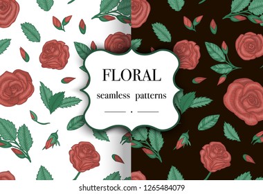 Set of seamless patterns with roses. Engraving style floral background. Hand drawn illustration