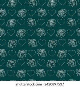 Conjunto de patrones sin fisuras con rosas y corazones. Fondo floral.