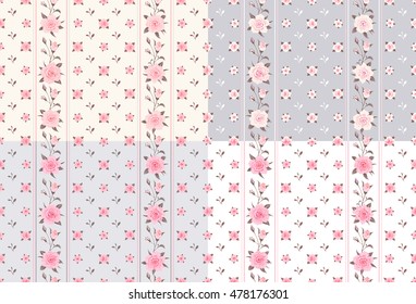 Set of seamless patterns with roses and leaves. Vintage floral backgrounds. May be use as digital paper, fills, print onto fabric.
