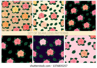 Set of seamless patterns with roses on different backgrounds