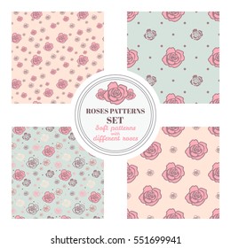Set of seamless patterns with roses on different backgrounds - pink, beige and blue. Placed randomly and in geometric order.
