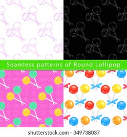 Set of seamless patterns with round lollipop, on white and colorful backgrounds 