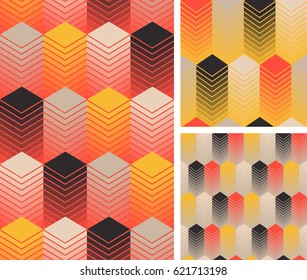 set of seamless patterns with rows of geometric buildings in black and orange shades