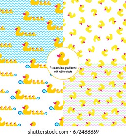 Set of seamless patterns with rubber duck toy image pretty childish design, nice for wrapper, cover, textile and paper print.