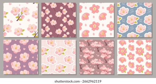 Set of seamless patterns with sakura. Summer floral designs for fabric swatches, scrapbooking, and print. Vector background with Japan Cherry