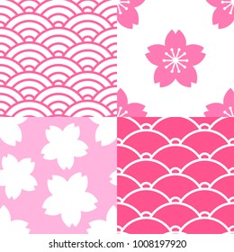 Set of seamless patterns with sakura and waves.