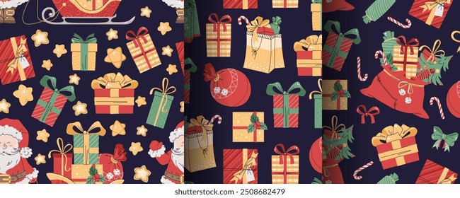 Conjunto de padrões sem emenda com Papai Noel e presentes. Textura de feriado vetorial em estilo plano. Adequado para papel de parede, papel de embalagem, tecido, etc.