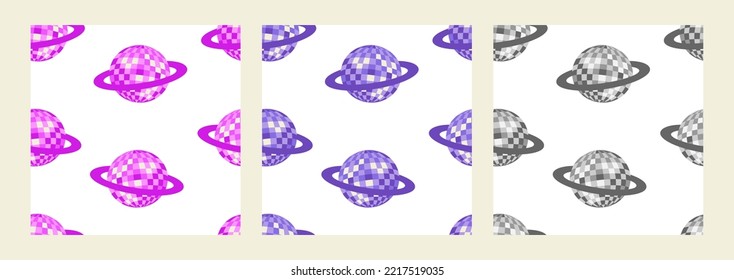 Set of seamless patterns with saturn disco balls. Vector flat backgrounds. Party, celebration, cosmic, psychedelic, hippie concept.