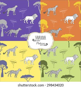 Set seamless patterns with savanna animals. Vector Illustration