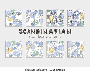 Set of seamless patterns in scandinavian style with cute foxes, trees and leaves. Forest vector illustration