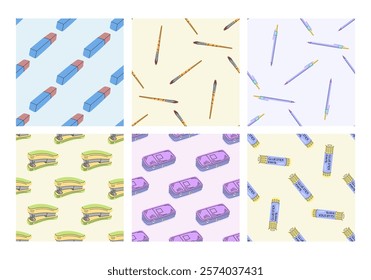 Set of seamless patterns with school and office supplies in flat style

