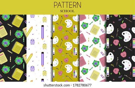 A set of seamless patterns with school stationery items. Flat vector design for school, office, store or website. Set of items books, notebooks, markers, pens, folders, paints, scissors, paper clips